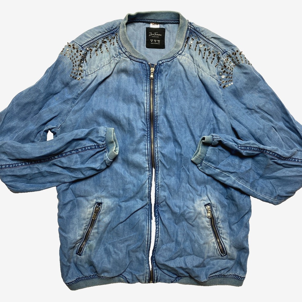 Zara Trafaluc Denim Jacket Womens M Blue Studded Full Zip Lightweight Oversized